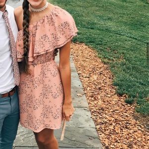 Pink with blue flowers off the shoulder dress